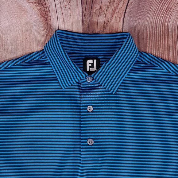 Footjoy FJ Mens Size Large Blue Black Striped SS Golf Performance Polo Shirt - Picture 3 of 12